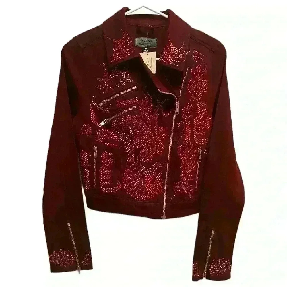 GUESS Dragon Embellished Denim Biker Jacket / Top. Women’s Size Small.  NWT
